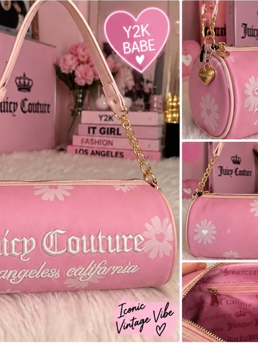 Juicy Couture Pink Daisy Barrel Bag with Gold Chain